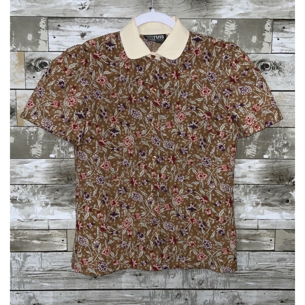 Vintage Womens RUSS Brown Floral Collared Short Sleeve‎ Blouse